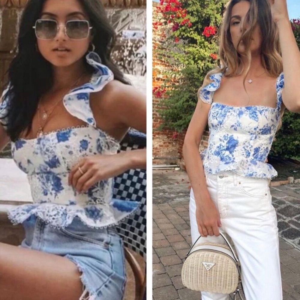 V. Chapman Provence Corset Bustier Top French Blue Floral Ruffle Lace